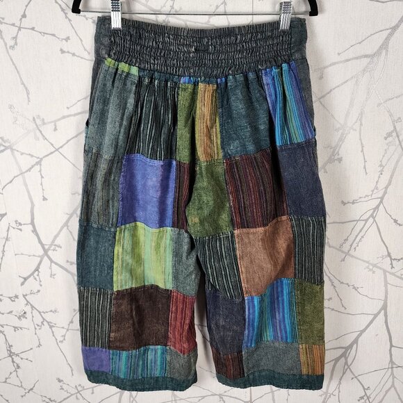 Ark Imports Nepal Colorful Patchwork High Rise Wide Leg Crop Pants - Picture 2 of 7